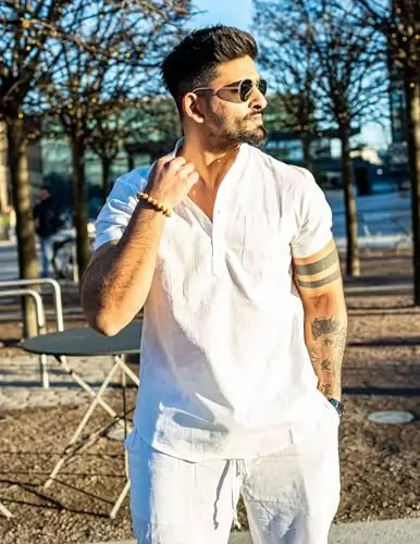 COOFANDY Мужская хлопковая льняная рубашка Henley с коротким рукавом Hippie Casual Beach T-Shirts with Pocket - 3