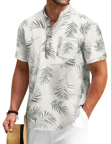 COOFANDY Мужская хлопковая льняная рубашка Henley с коротким рукавом, повседневные пляжные футболки в стиле хиппи с карманом - COOFANDY