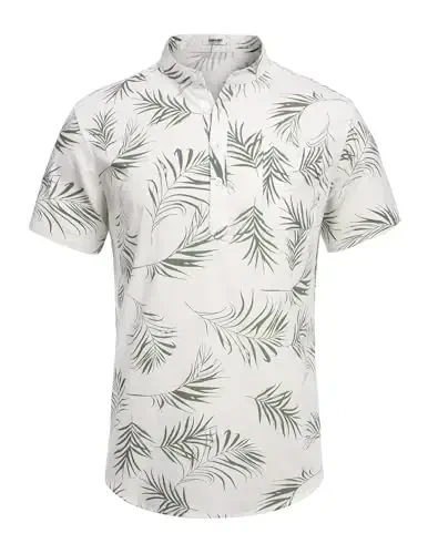 COOFANDY Мужская хлопковая льняная рубашка Henley с коротким рукавом, повседневные пляжные футболки в стиле хиппи с карманом - 2