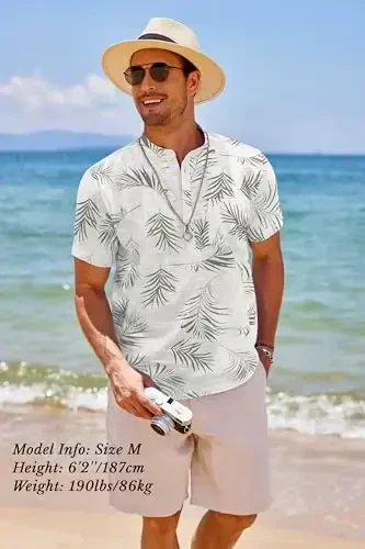 COOFANDY Мужская хлопковая льняная рубашка Henley с коротким рукавом, повседневные пляжные футболки в стиле хиппи с карманом - 3