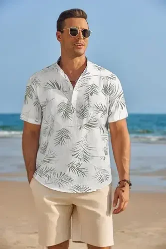 COOFANDY Мужская хлопковая льняная рубашка Henley с коротким рукавом, повседневные пляжные футболки в стиле хиппи с карманом - 4