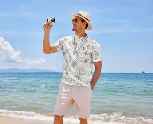 COOFANDY Мужская хлопковая льняная рубашка Henley с коротким рукавом, повседневные пляжные футболки в стиле хиппи с карманом - 6