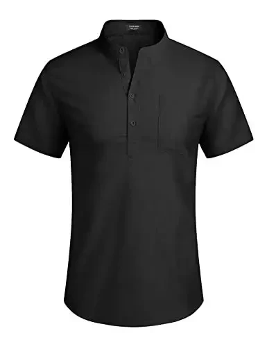 COOFANDY Men's Cotton Linen Henley Shirt Short Sleeve Hippie Casual Beach T-Shirts with Pocket - 2