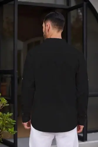 COOFANDY Мужская хлопково-льняная рубашка хенли, повседневные пляжные рубашки в стиле хиппи, футболки с длинными рукавами - 4