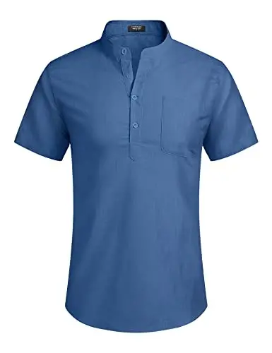 COOFANDY Мужская хлопково-льняная рубашка хенли с коротким рукавом, повседневные пляжные футболки в стиле хиппи с карманом - 2