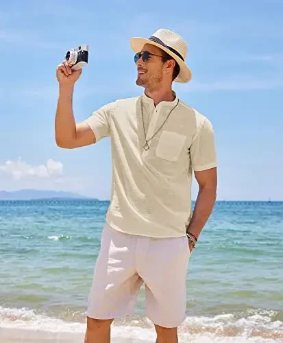 COOFANDY Men's Cotton Linen Henley Shirt Short Sleeve Hippie Casual Beach T-Shirts with Pocket - 4
