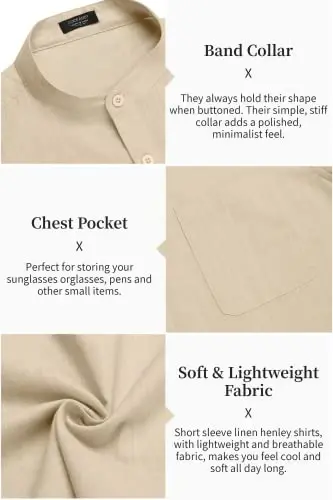 COOFANDY Men's Cotton Linen Henley Shirt Short Sleeve Hippie Casual Beach T-Shirts with Pocket - 3