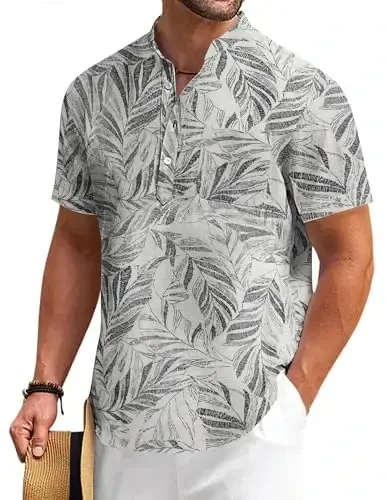 COOFANDY Men's Cotton Linen Henley Shirt Short Sleeve Hippie Casual Beach T-Shirts with Pocket - COOFANDY