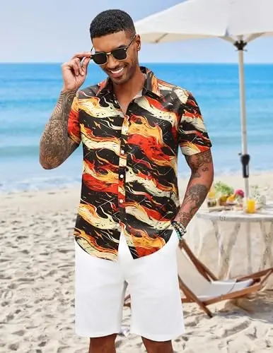 COOFANDY Мужские гавайские рубашки с коротким рукавом на пуговицах Aloha Shirt Повседневная пляжная одежда - 2