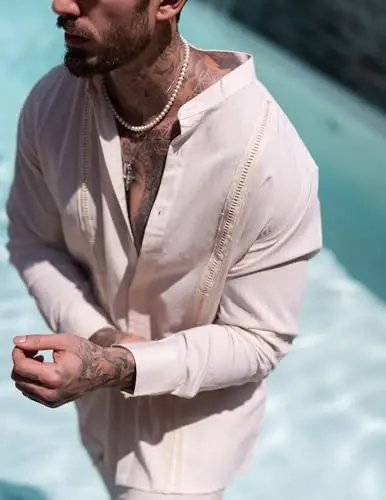 COOFANDY Мужские кубинские рубашки гуаябера Повседневные рубашки с длинными рукавами на пуговицах Воротник-стойка Льняные летние пляжные рубашки - 4