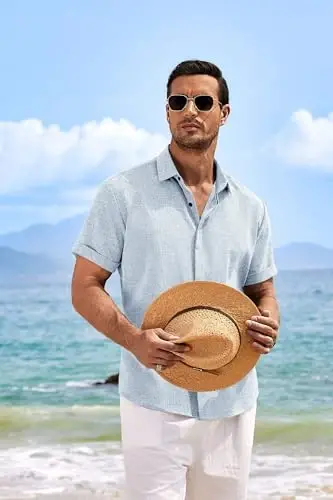 COOFANDY Men's Linen Shirts Short Sleeve Casual Shirts Button Down Shirt for Men Beach Summer Wedding Shirt - 4
