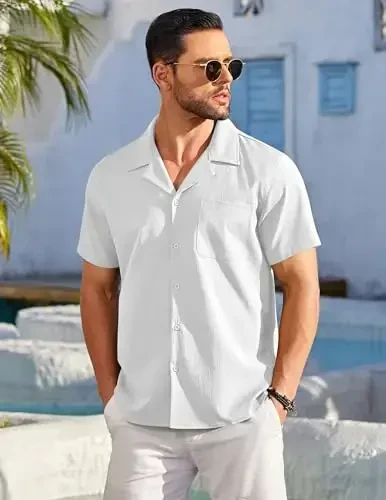 COOFANDY Men's Casual Button Down Shirts Short Sleeve Summer Beach Shirt Fashion Textured Shirts with Pocket - 2