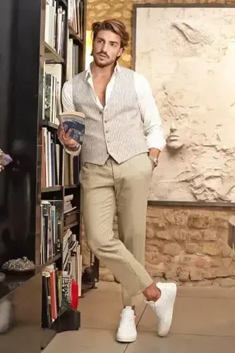 COOFANDY Мужские хлопковые льняные брюки Эластичная талия Легкие повседневные брюки Свободного кроя Йога Пляжные брюки с карманами - 3