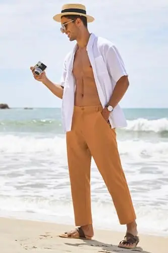 COOFANDY Мужские хлопковые льняные брюки Эластичная талия Легкие повседневные брюки Свободный крой Йога Пляжные брюки с карманами - 3