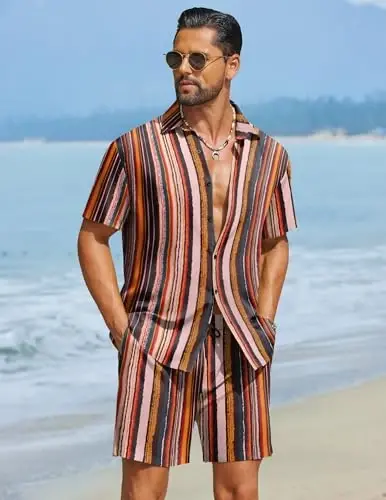 COOFANDY Мужской гавайский комплект из двух предметов для летнего пляжа, рубашка с цветочным принтом на пуговицах и шорты, наряд для отпуска - 4