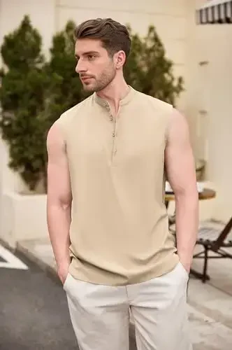 COOFANDY Sleeveless Beach Shirts for Men Summer Tank Shirts Casual Henley Tank Top - 2