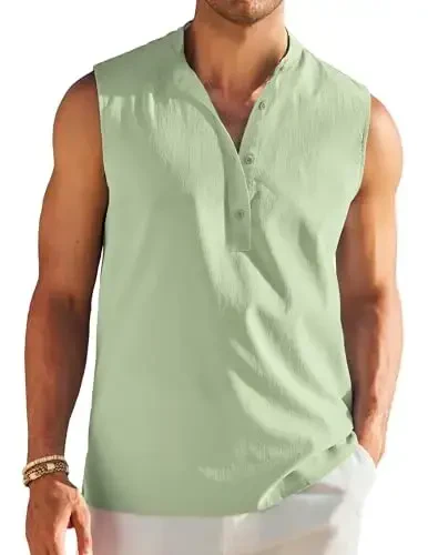 COOFANDY Sleeveless Beach Shirts for Men Summer Tank Shirts Casual Henley Tank Top - MODAZONE