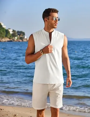COOFANDY Sleeveless Beach Shirts for Men Summer Tank Shirts Casual Henley Tank Top - 2
