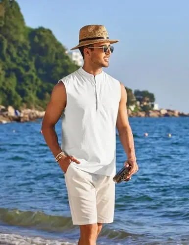 COOFANDY Sleeveless Beach Shirts for Men Summer Tank Shirts Casual Henley Tank Top - 3