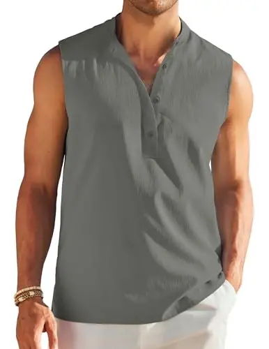 COOFANDY Sleeveless Beach Shirts for Men Summer Tank Shirts Casual Henley Tank Top - 2