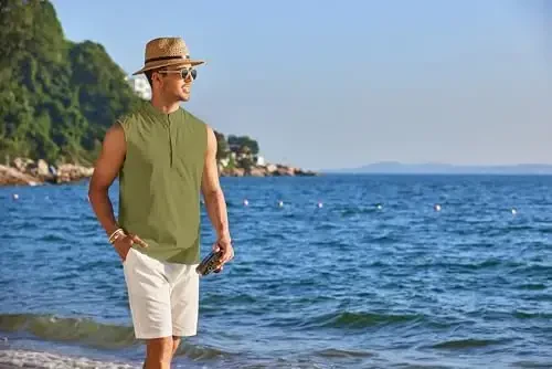 COOFANDY Sleeveless Beach Shirts for Men Summer Tank Shirts Casual Henley Tank Top - 4