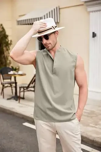 COOFANDY Sleeveless Beach Shirts for Men Summer Tank Shirts Casual Henley Tank Top - 3