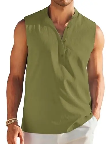 COOFANDY Sleeveless Beach Shirts for Men Summer Tank Shirts Casual Henley Tank Top - COOFANDY