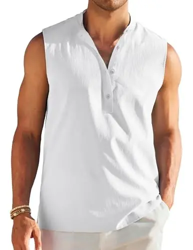 COOFANDY Sleeveless Beach Shirts for Men Summer Tank Shirts Casual Henley Tank Top - COOFANDY