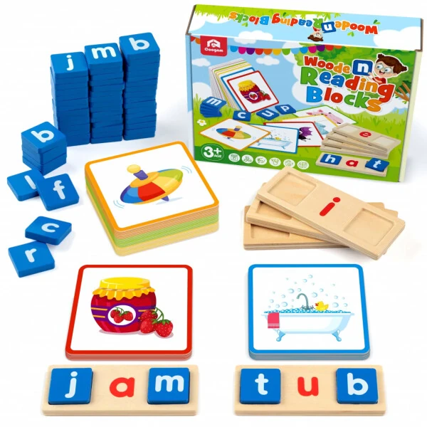 Coogam Wooden Spelling Games Short Vowel Reading Letters Sorting , Sight Words Learning Flashcards Alphabet Puzzle Montessori Educational Toy for 3 4 5 Years Old - COOGAM