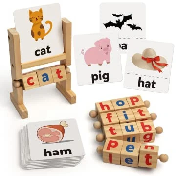 Coogam Wooden Reading Blocks Short Vowel Rods Spelling Games, Flash Cards Turning Rotating Letter Puzzle for Kids, Site Words Montessori Spinning Alphabet Learning Toy for Preschool Boys Girls - Coogam