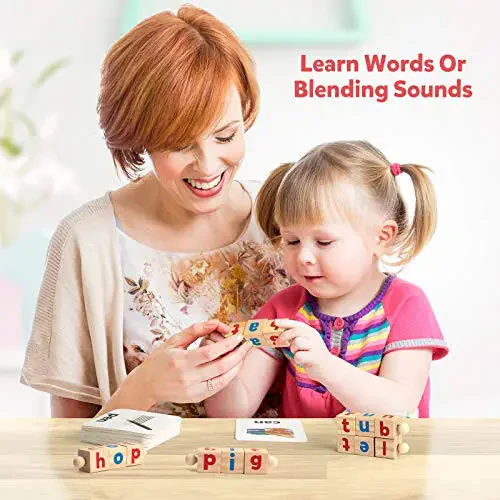 Coogam Wooden Reading Blocks Short Vowel Rods Spelling Games, Flash Cards Turning Rotating Letter Puzzle for Kids, Site Words Montessori Spinning Alphabet Learning Toy for Preschool Boys Girls - 4