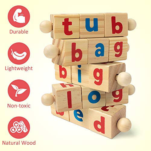Coogam Wooden Reading Blocks Short Vowel Rods Spelling Games, Flash Cards Turning Rotating Letter Puzzle for Kids, Site Words Montessori Spinning Alphabet Learning Toy for Preschool Boys Girls - 17
