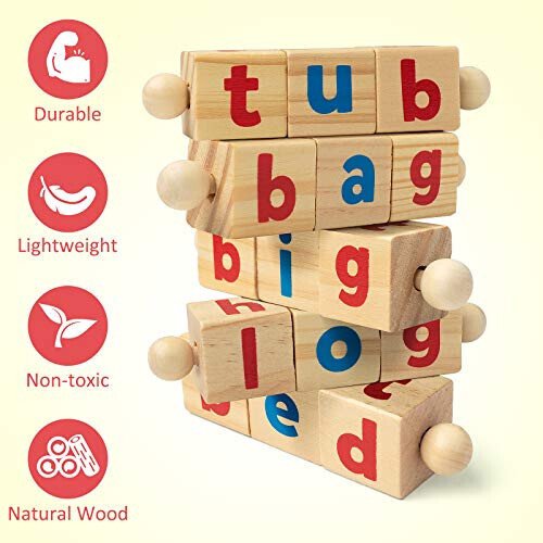 Coogam Wooden Reading Blocks Short Vowel Rods Spelling Games, Flash Cards Turning Rotating Letter Puzzle for Kids, Site Words Montessori Spinning Alphabet Learning Toy for Preschool Boys Girls - 11