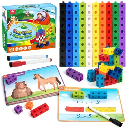 Coogam Math Cubes, Manipulatives Number Counting Blocks MathLink Cubes STEM Learning Toy with Flash Cards For 3 Years Old（100 Pieces） - 1