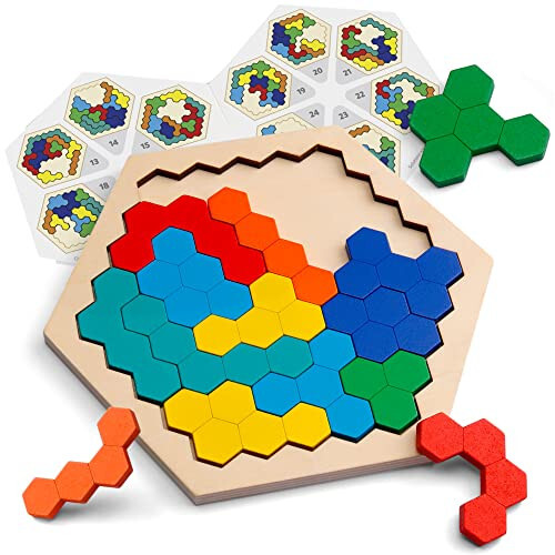 Coogam Wooden Hexagon Puzzle for Kid Adults - Shape Pattern Block Tangram Brain Teaser Toy Geometry Logic IQ Game STEM Montessori Educational Gift for All Ages Challenge - 1