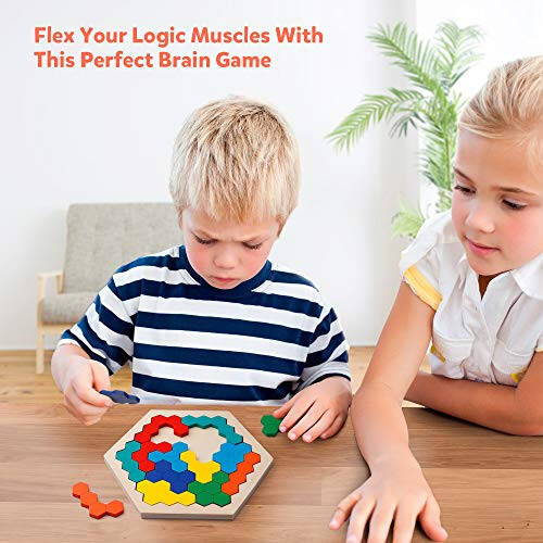 Coogam Wooden Hexagon Puzzle for Kid Adults - Shape Pattern Block Tangram Brain Teaser Toy Geometry Logic IQ Game STEM Montessori Educational Gift for All Ages Challenge - 2