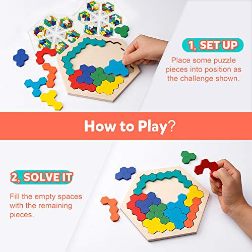 Coogam Wooden Hexagon Puzzle for Kid Adults - Shape Pattern Block Tangram Brain Teaser Toy Geometry Logic IQ Game STEM Montessori Educational Gift for All Ages Challenge - 3