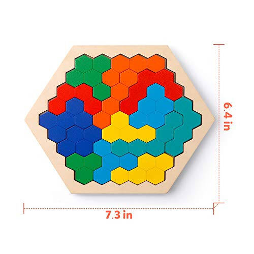 Coogam Wooden Hexagon Puzzle for Kid Adults - Shape Pattern Block Tangram Brain Teaser Toy Geometry Logic IQ Game STEM Montessori Educational Gift for All Ages Challenge - 7