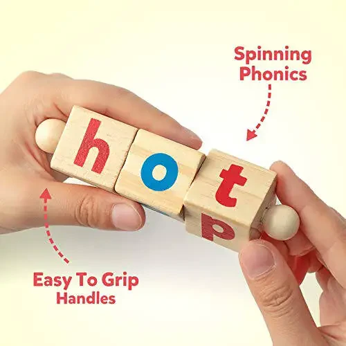 Coogam Wooden Reading Blocks Short Vowel Rods Spelling Games, Flash Cards Turning Rotating Letter Puzzle for Kids, Sight Words Montessori Spinning Alphabet Learning Toy for Preschool Boys Girls - 14