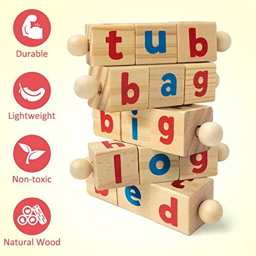 Coogam Wooden Reading Blocks Short Vowel Rods Spelling Games, Flash Cards Turning Rotating Letter Puzzle for Kids, Sight Words Montessori Spinning Alphabet Learning Toy for Preschool Boys Girls - 17