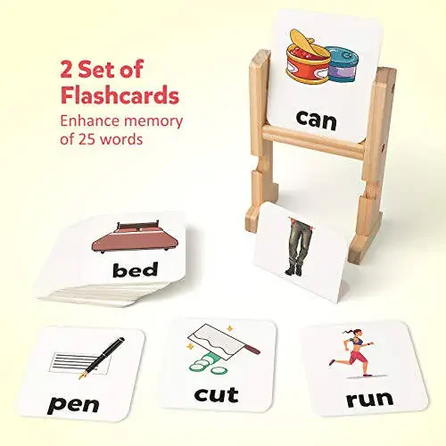 Coogam Wooden Reading Blocks Short Vowel Rods Spelling Games, Flash Cards Turning Rotating Letter Puzzle for Kids, Sight Words Montessori Spinning Alphabet Learning Toy for Preschool Boys Girls - 18