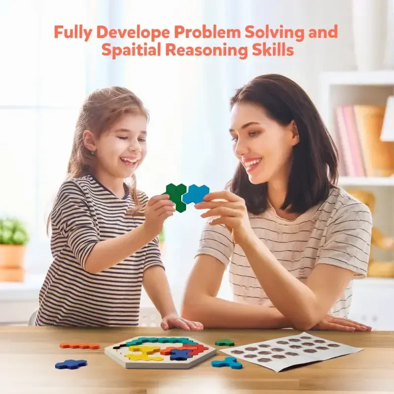 Coogam yog'och olti burchakli boshqotirma Kid Adults uchun, shakl naqshli blok Tangram Brain Teaser o'yin geometriya mantiq IQ o'yin STEM Montessori ta'lim 3 4 5 yosh uchun - 2