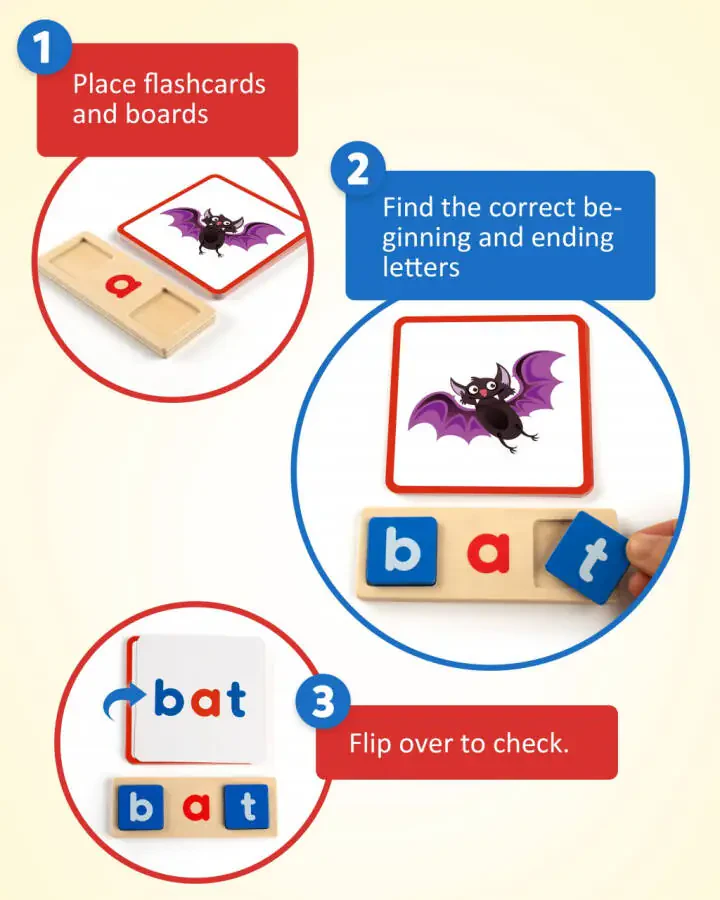 Coogam yog'ochdan yasalgan so'z o'yinlari qisqa unli harflarni o'qish, so'zlarni saralash, Sight Words Flashcards Alfavit jumboqlari Montessori ta'lim o'yinchog'i 3 4 5 yosh - 6