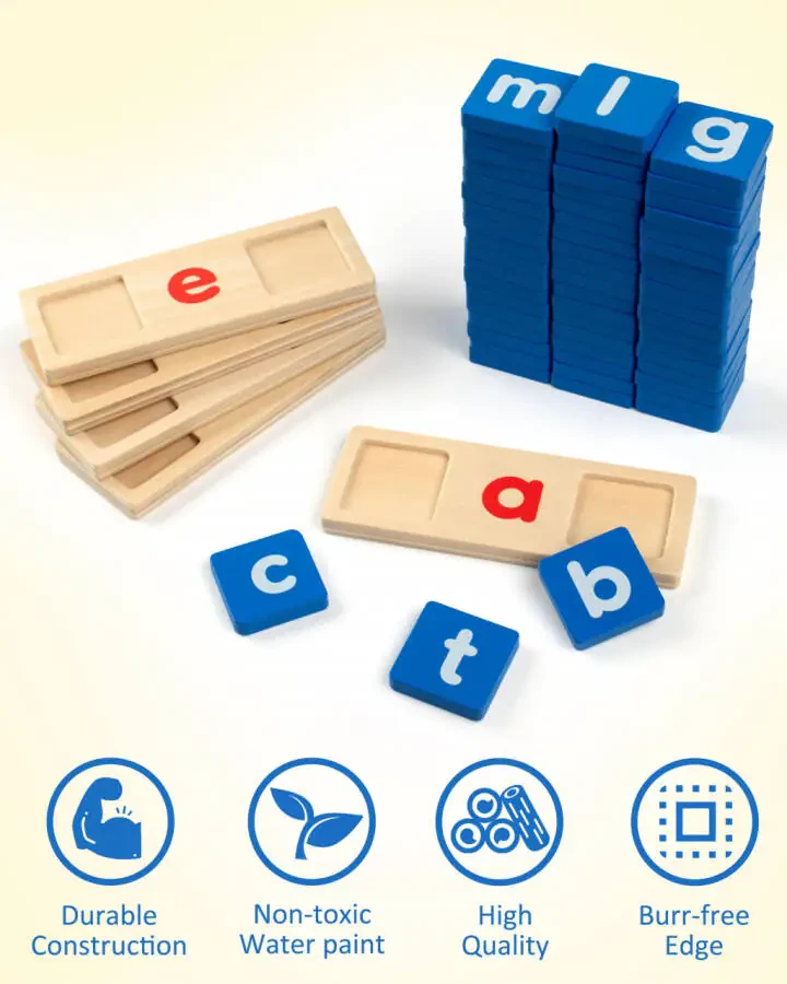 Coogam yog'ochdan yasalgan so'z o'yinlari qisqa unli harflarni o'qish, so'zlarni saralash, Sight Words Flashcards Alfavit jumboqlari Montessori ta'lim o'yinchog'i 3 4 5 yosh - 7