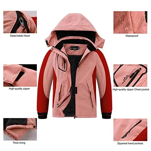 COOKFIP Kid's Ski Jacket Waterproof Boy's and Girl's Warm Fleece Winter Jacket Windproof Hooded Snow Coat - 6