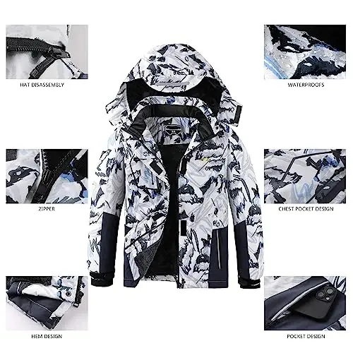 COOKFIP Kid's Ski Jacket Waterproof Boy's and Girl's Warm Fleece Winter Jacket Windproof Hooded Snow Coat - 3