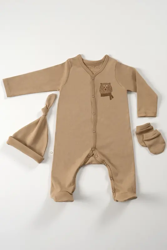 Cool Bear Unisex 3 Parça Hastane Çıkışı Takımı Organik Pamuk Yenidoğan Mini Set - Toprak - TINYLAMB
