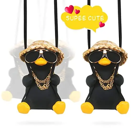 Cool Car Truck Stuff Things Automotive Mirror Hanging Funny Swing Black Duck Car Hanging Duck for Men Car Accessories Dashboard Decorations Rear View Mirror Must Haves Hippie Gifts Man Ornament - 3