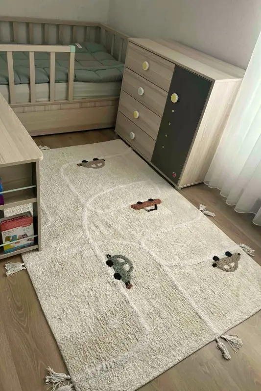 Cool Cotton Araba Yolu Krem Bebek Halısı Makinede Yıkanabilir Kaymaz Taban Yumuşak Doku Çocuk Halısı-Renkli 8 - COOL HALI