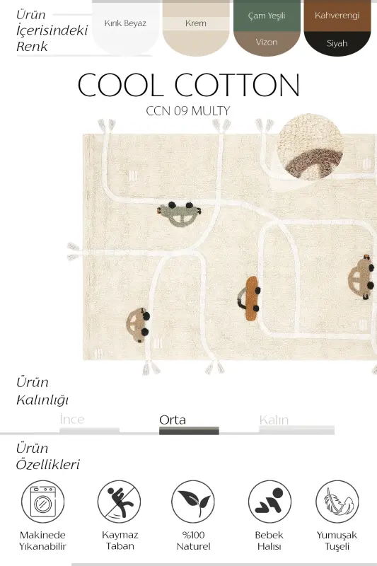 Cool Cotton Araba Yolu Krem Bebek Halısı Makinede Yıkanabilir Kaymaz Taban Yumuşak Doku Çocuk Halısı - Renkli 8 - 3